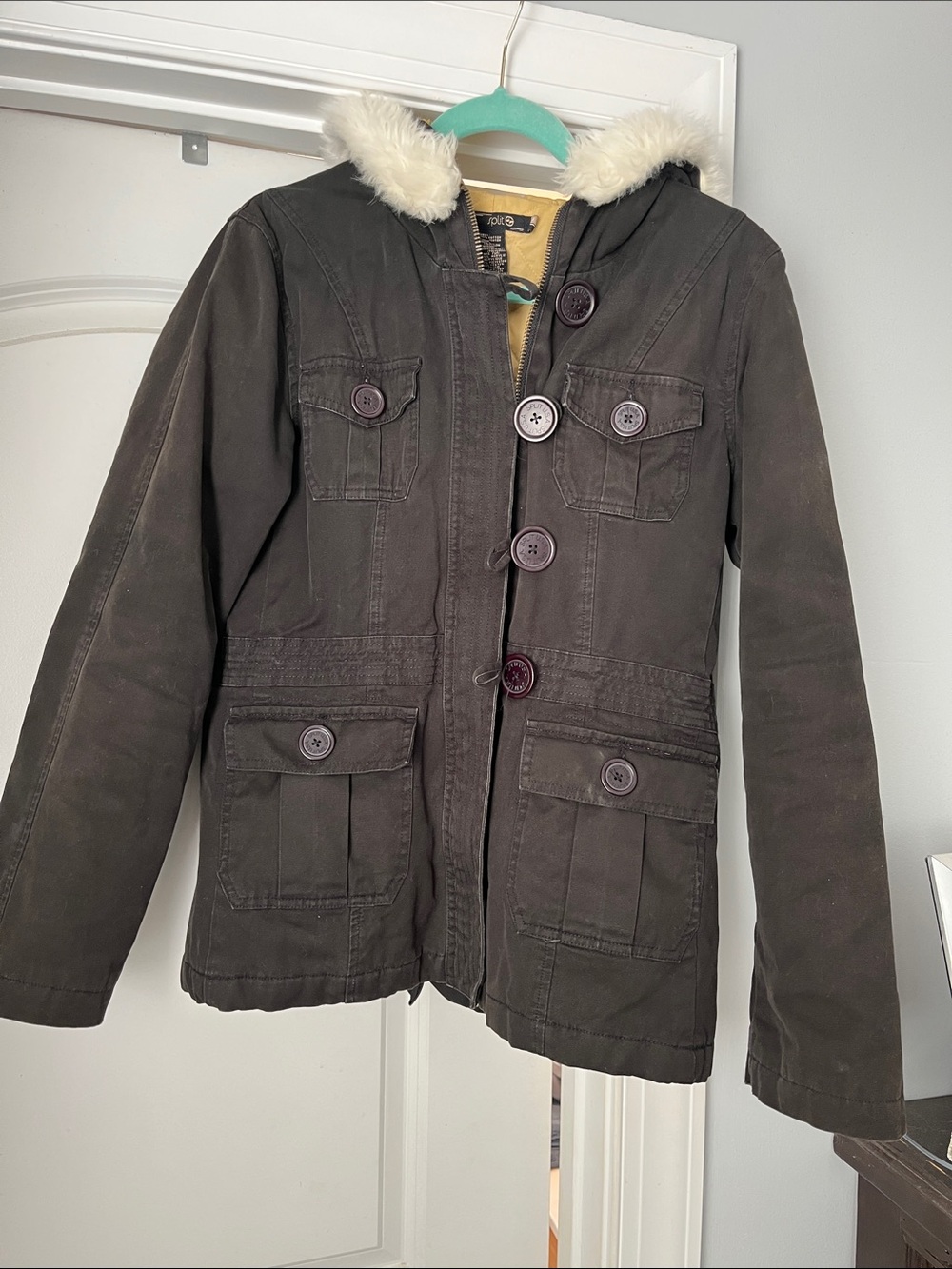 Y2k Split Black Utility Jacket with Faux Fur Hood Trim